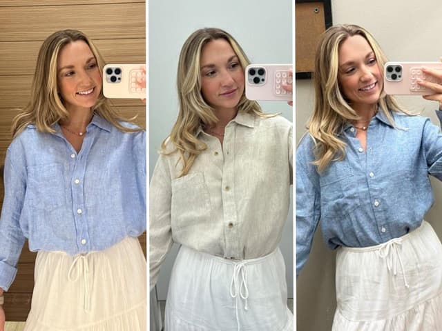 Chloe testa diferentes camisas em lojas da Gap Inc., destacando a opção da Old Navy como a melhor escolha. Reprodução: Chloe Caldwell