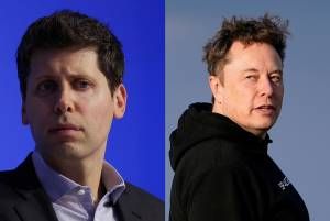 Sam Altman e Elon Musk em fotos separadas, com expressões sérias.