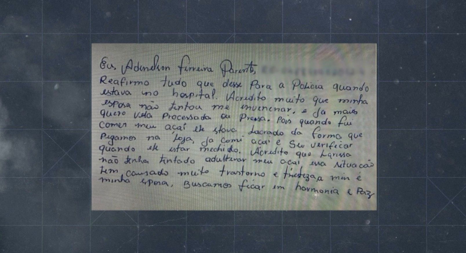 Jovem escreve carta defendendo a namorada em caso de açaí envenenado. Reprodução: G1