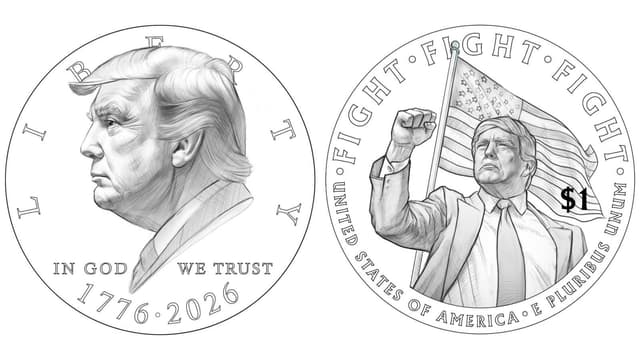 Rascunho de moeda de US$ 1 com Trump para comemorar 250 anos da independência dos EUA. Legenda da imagem. Reprodução: Retorno do item 11