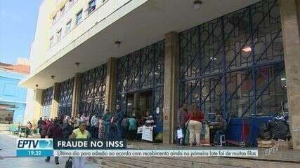 Filas e falta de senhas marcam o último dia para reembolso de descontos do INSS em Campinas.; Reprodução: Globo