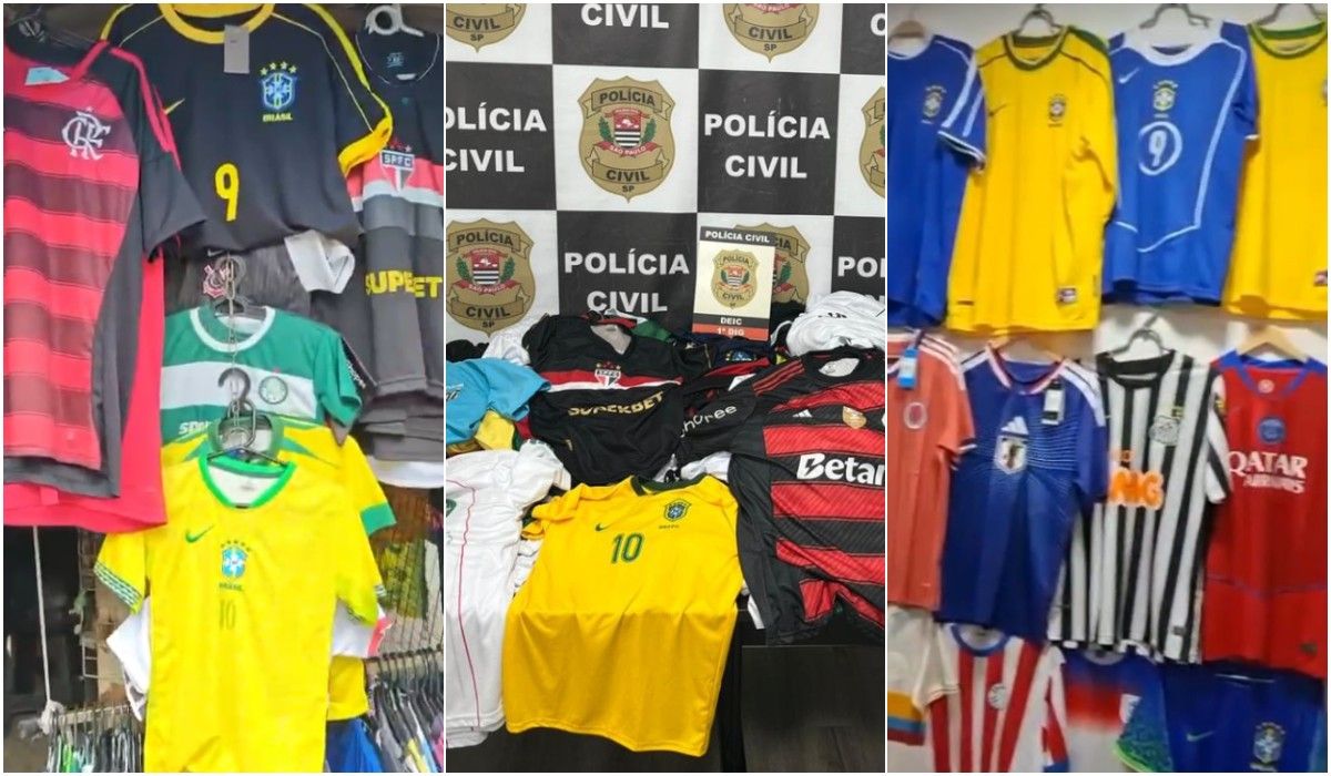 [Polícia de SP apreende 2,7 mil camisas falsificadas da Seleção e de clubes às vésperas da Copa do Mundo]. Reprodução: G1