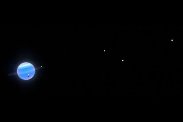 Cientistas descobrem novas informações sobre as quatro maiores luas de Urano usando o telescópio Hubble.; Legenda da imagem. Reprodução: Gizmodo