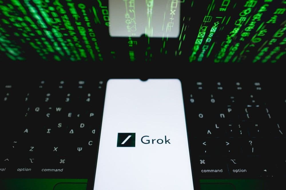 O logo do Grok é exibido em um smartphone em Atenas. Reprodução: Gizmodo