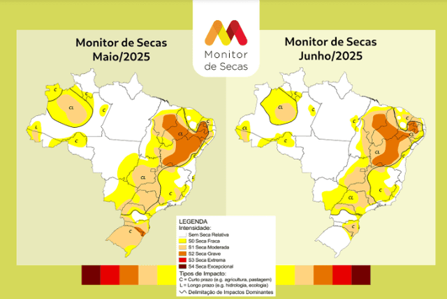 Alagoas apresenta abrandamento da seca entre maio e junho, segundo o Monitor de Secas da ANA.; Reprodução: Redação com ANA