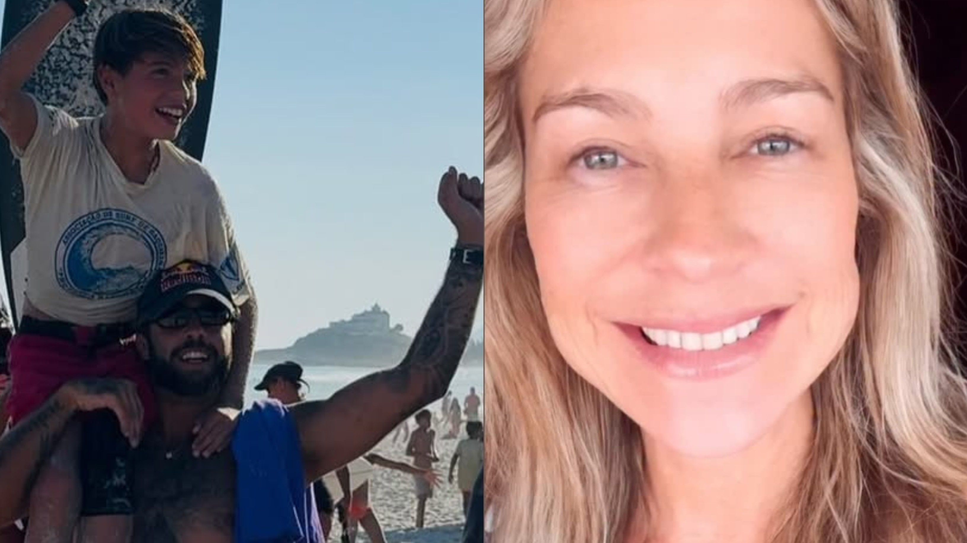 Dom comemora vitória no surfe com Pedro Scooby; Luana Piovani sorri emocionada.