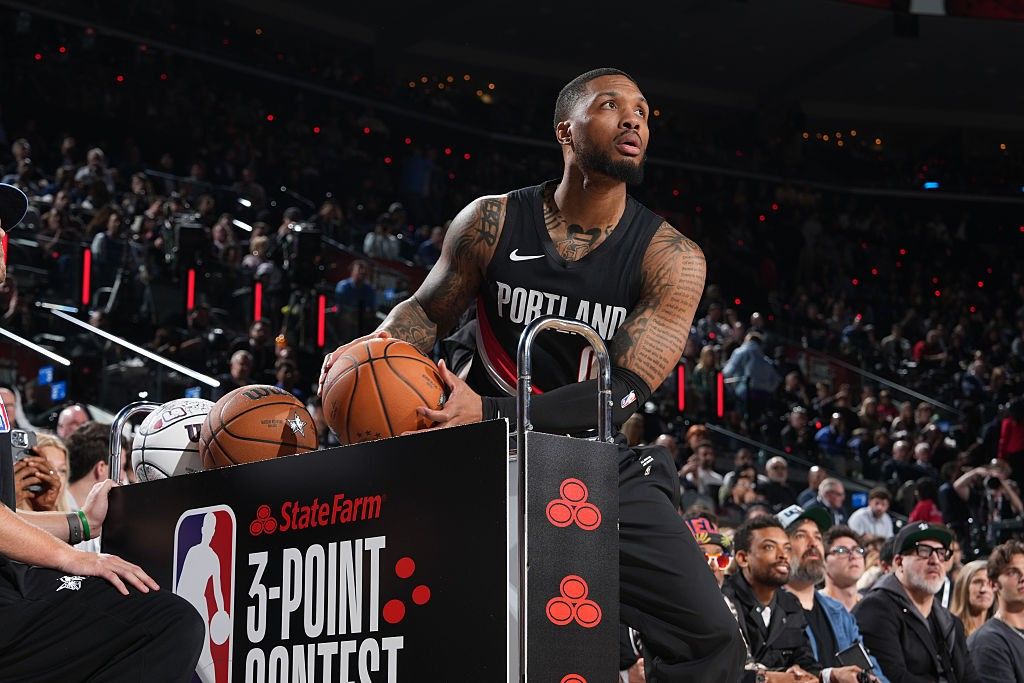 Damian Lillard vence o torneio de 3 pontos pela 3ª vez, igualando Bird e Hodges.. Reprodução: Ge