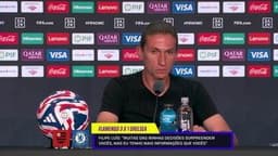 Filipe Luís fala sobre a vitória do Flamengo sobre o Chelsea na coletiva pós-jogo. Reprodução: Globo