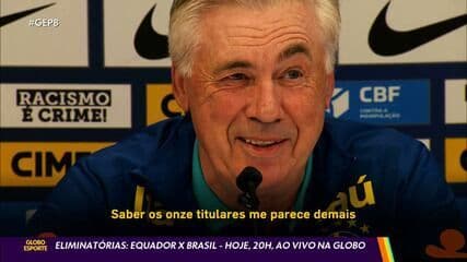 Ancelotti estreia como técnico da Seleção Brasileira contra o Equador pelas eliminatórias da Copa do Mundo. Reprodução: Globo