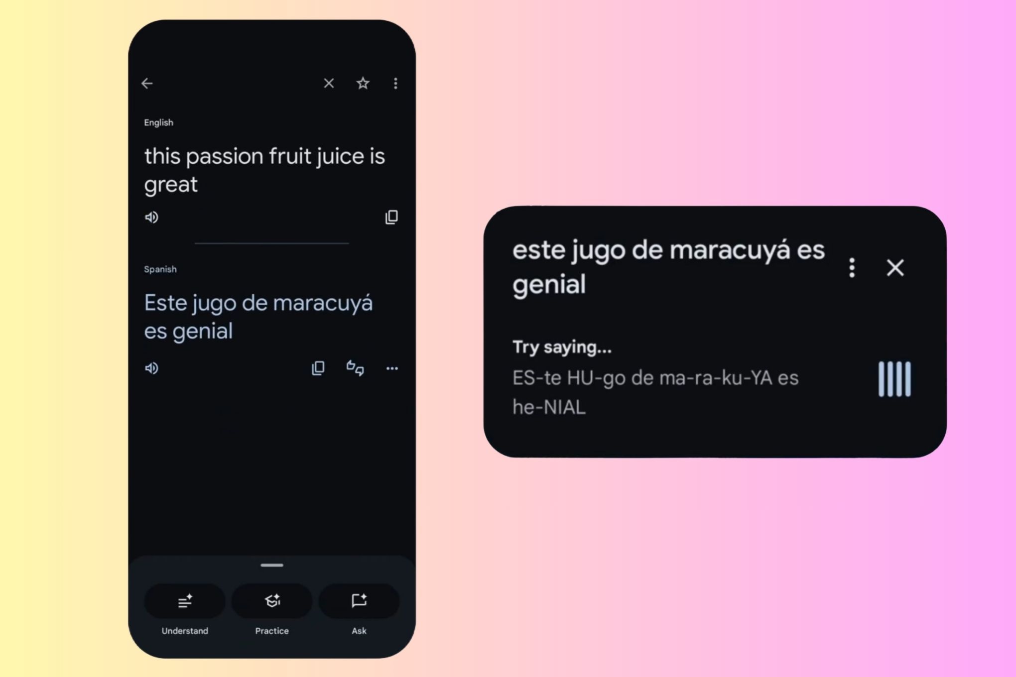 Google Translate exibe nova função de prática de pronúncia com IA em smartphones.