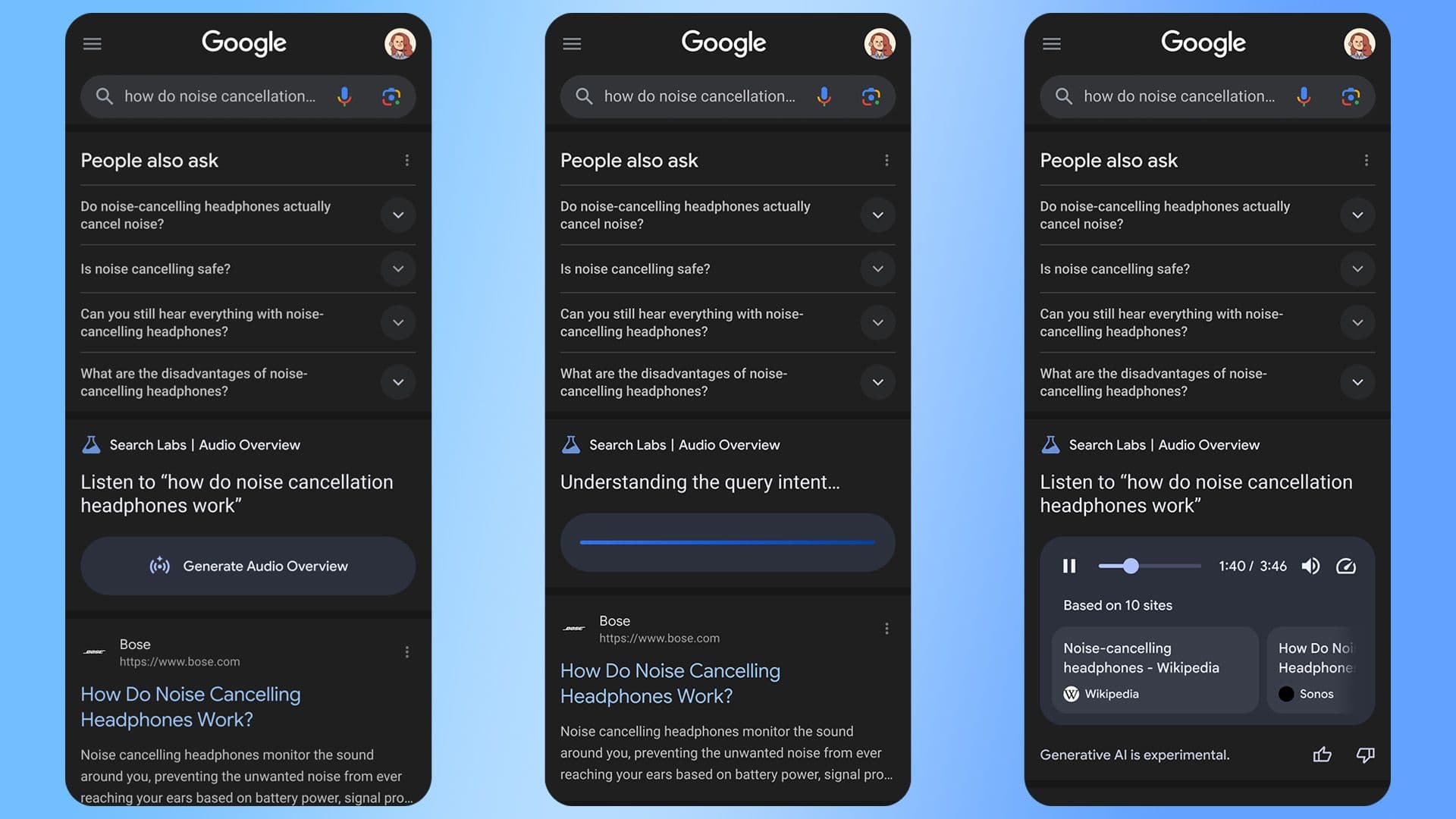 Google testa novos recursos de áudio nas pesquisas, com resumos gerados por IA. Reprodução: Ars Technica