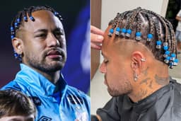 Neymar Jr. exibe tranças com miçangas azuis que combinam com o uniforme do Santos FC. Reprodução: Globo