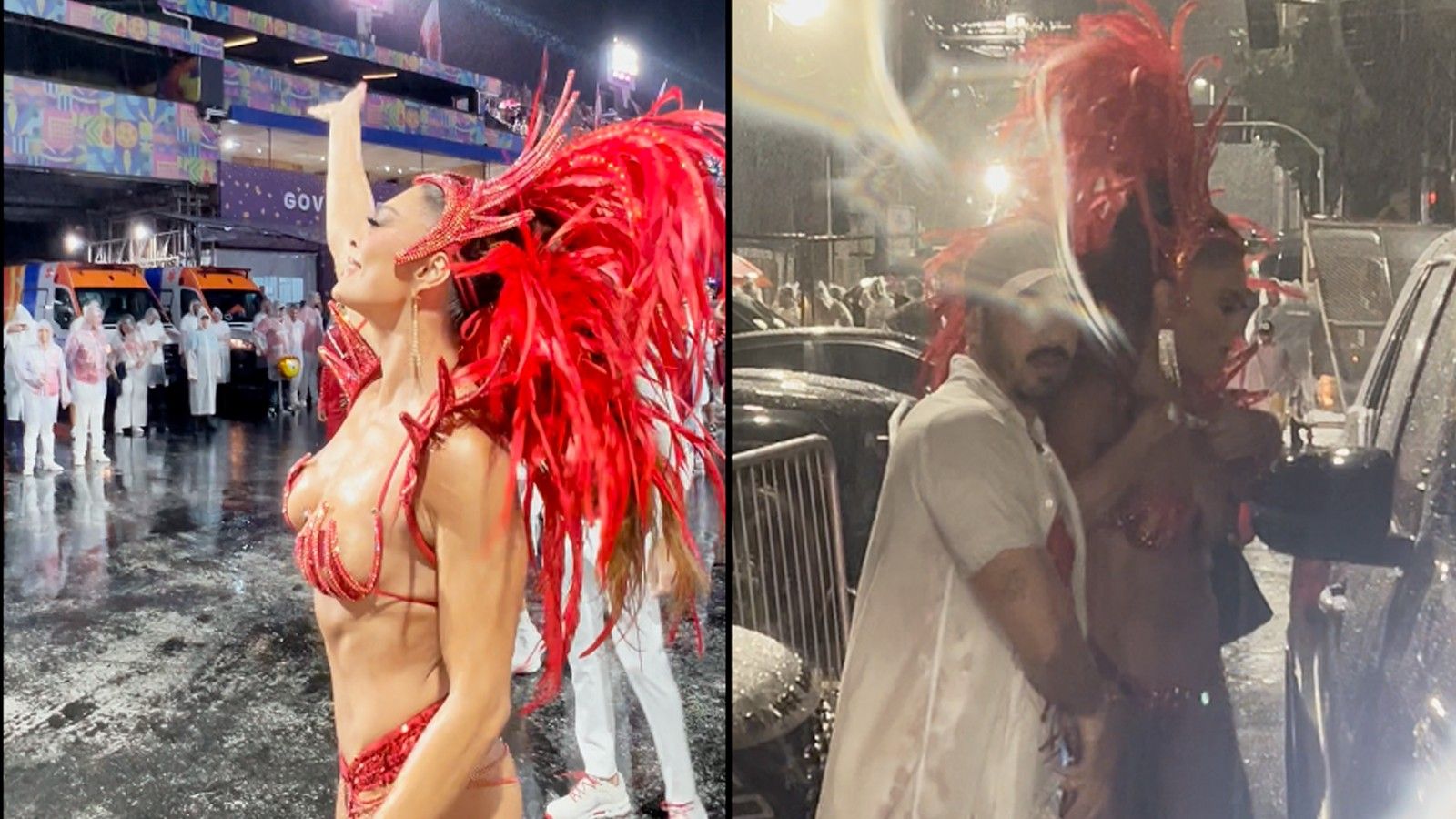 Juliana Paes brilha sob chuva no último ensaio técnico da Viradouro. Reprodução: Gshow