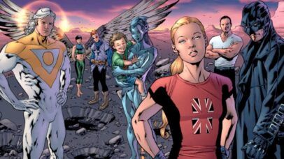 Personagens de 'The Authority' reunidos em cenário pós-apocalíptico.