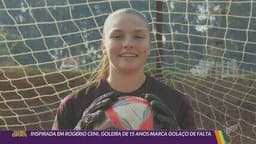 Isadora Dossena, goleira da Ferroviária, faz golaço de falta na semifinal do Paulista sub-15. Reprodução: Globo