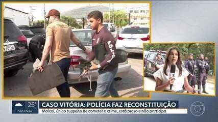 Polícia realiza reconstituição do assassinato da jovem Vitória Sousa em Cajamar. Reprodução: Globo