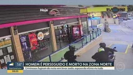 Motociclista é morto a tiros durante perseguição de criminosos em posto de combustíveis na Zona Norte de SP.; Reprodução: Globo