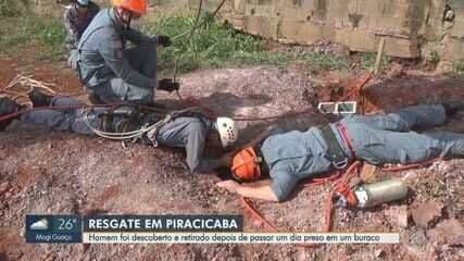 Menino de 10 anos é resgatado após cair em buraco de três metros em Santa Bárbara d'Oeste. Reprodução: Globo