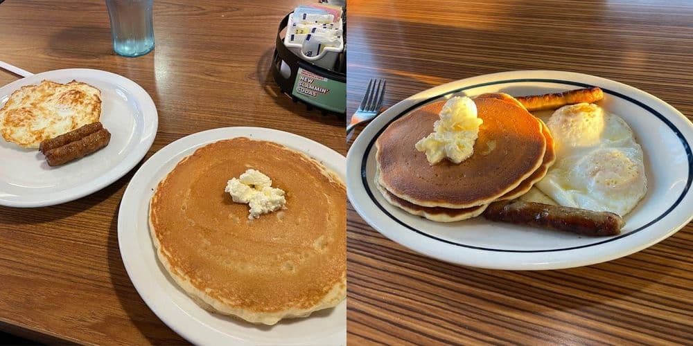 Comparação de refeições de café da manhã entre Denny's e IHOP, revelando diferenças de preço e qualidade. Reprodução: Steven John
