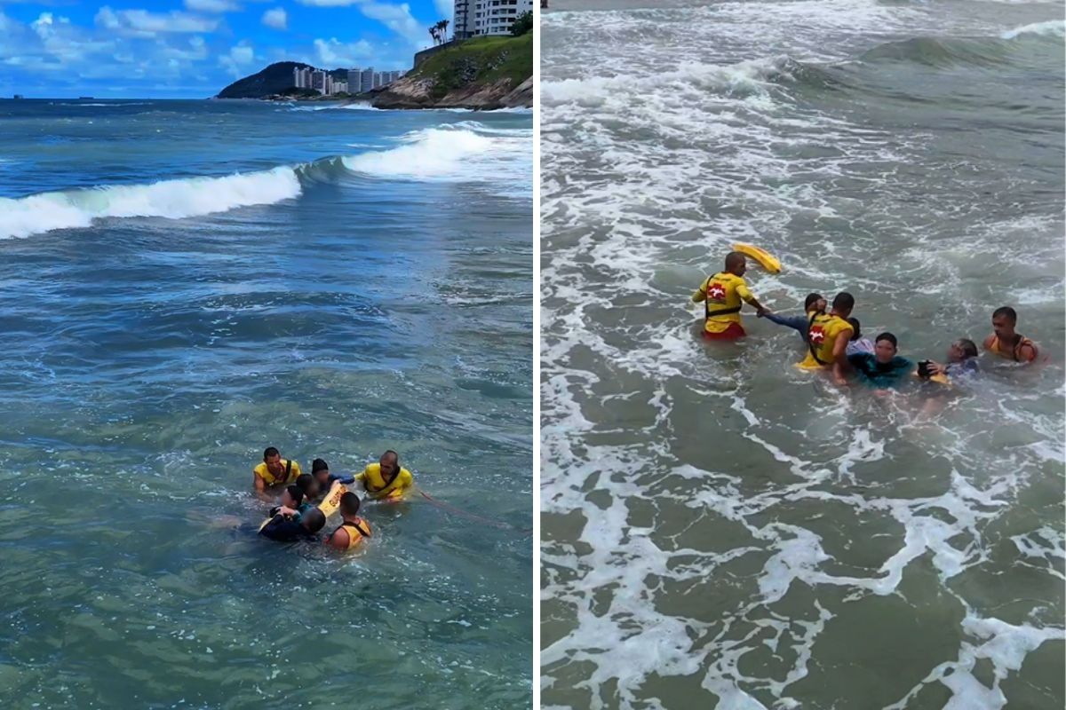 Guarda-vidas resgatam pai e três filhos no mar em Guarujá.. Reprodução: G1