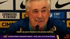 Ancelotti estreia como técnico da Seleção Brasileira contra o Equador pelas eliminatórias da Copa do Mundo. Reprodução: Globo